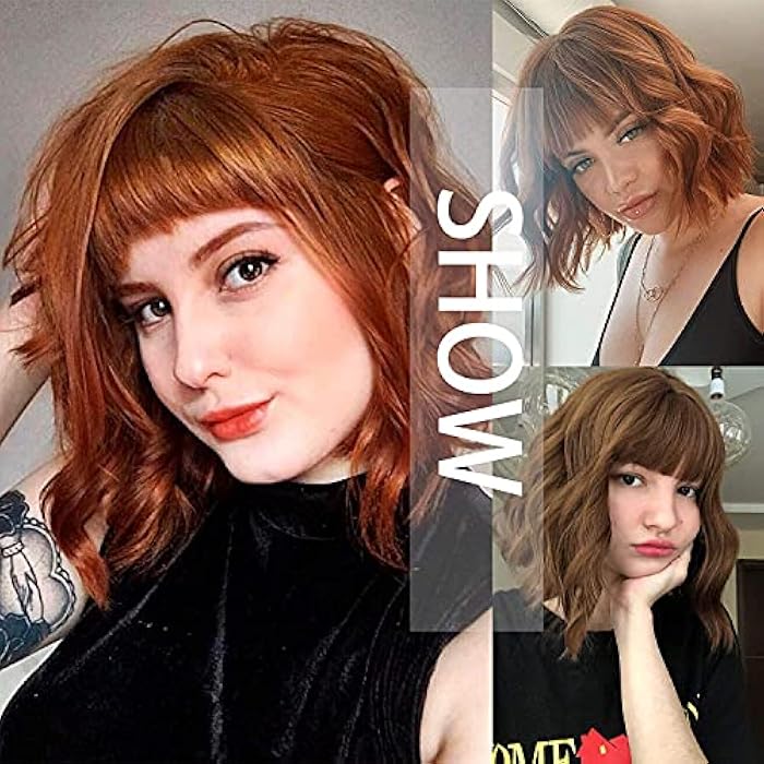 DILLARDS Izhenwo Short Curly Wavy Bob Wigs For Women Black Wig With Bangs Shoulder Length Synthetic Heat Resistant Fiber Wigs (Mixed Brown) - Image 4